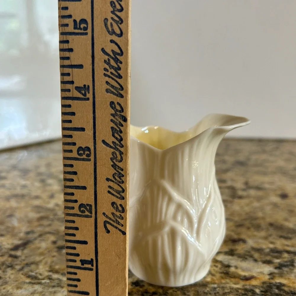 Belleek Shamrock Creamer 3.5in Ivory Basketweave Parian China Green Mark